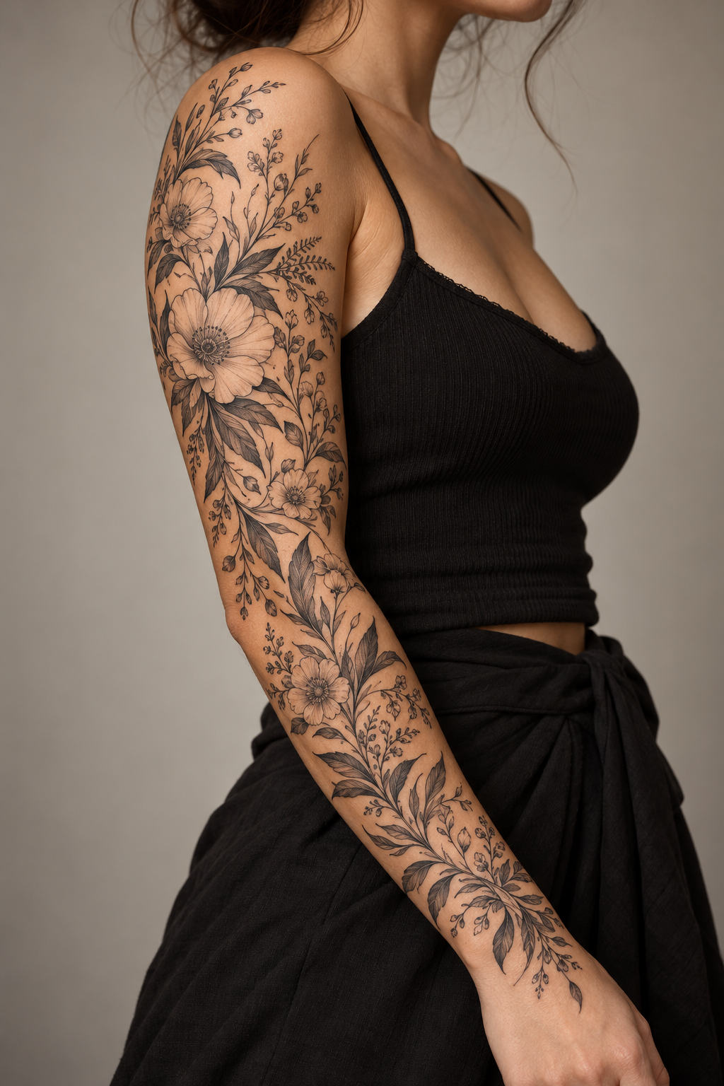 Botanical Half Sleeve single-line tattoos for women idea