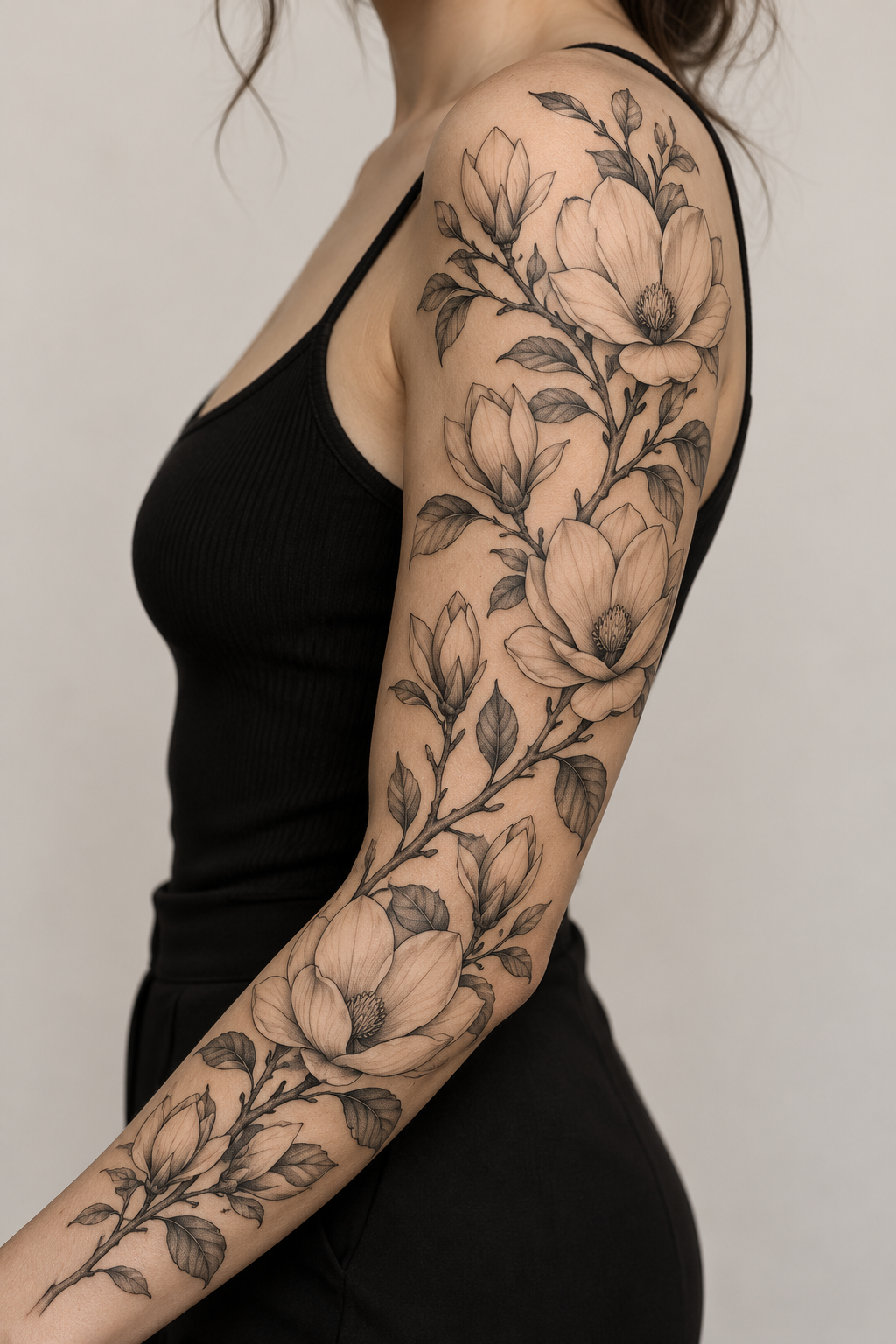 Magnolia Branch single-line tattoos for women idea