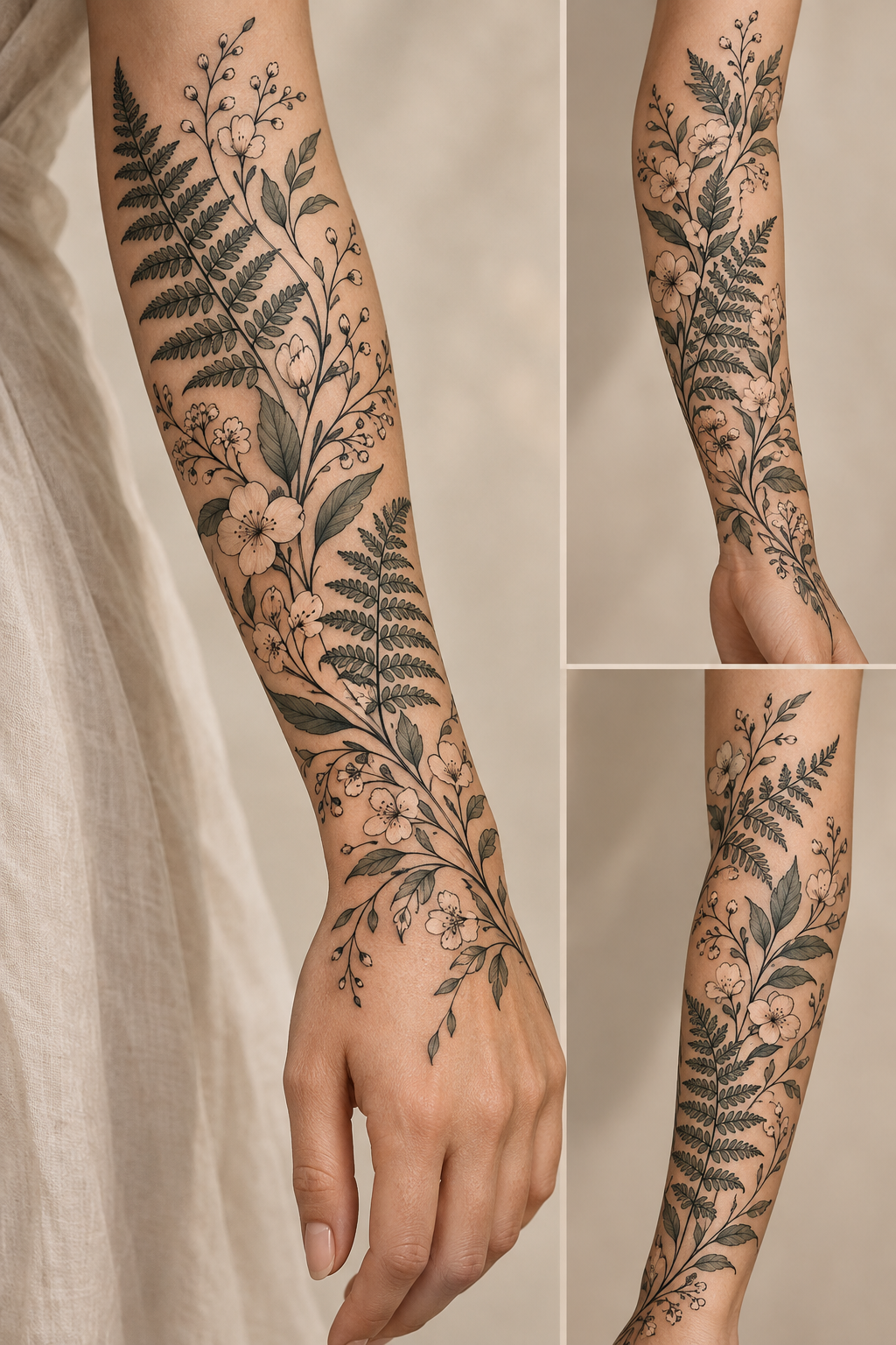 Fern and Blossom single-line tattoos for women idea