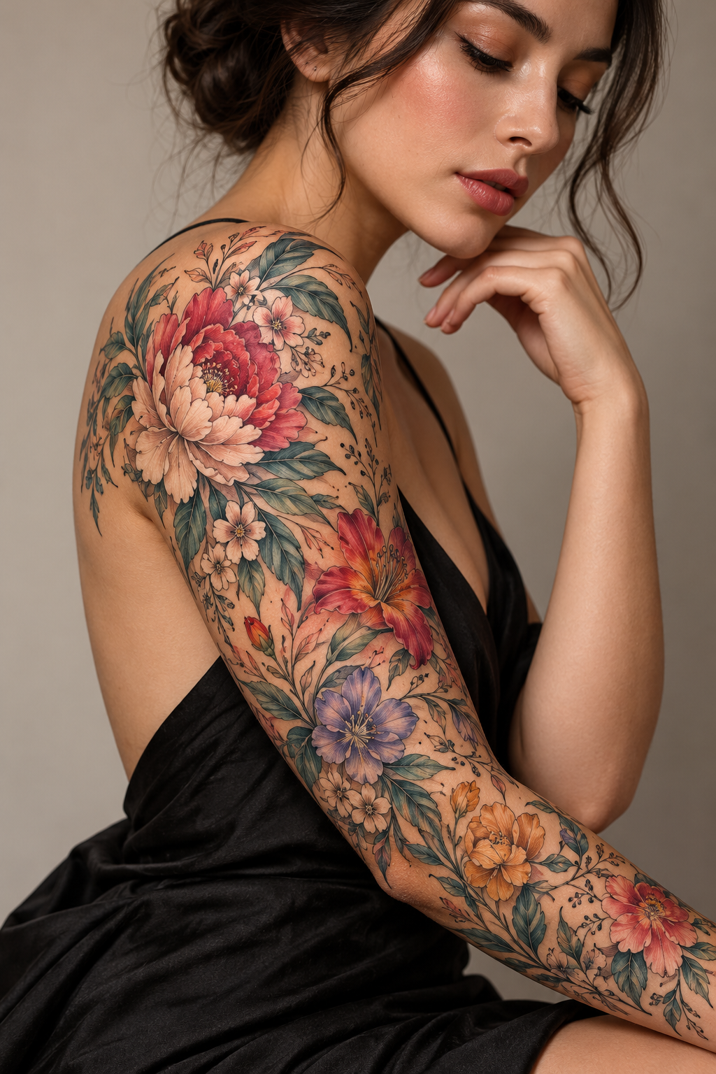 Colorful Floral Sleeve single-line tattoos for women idea