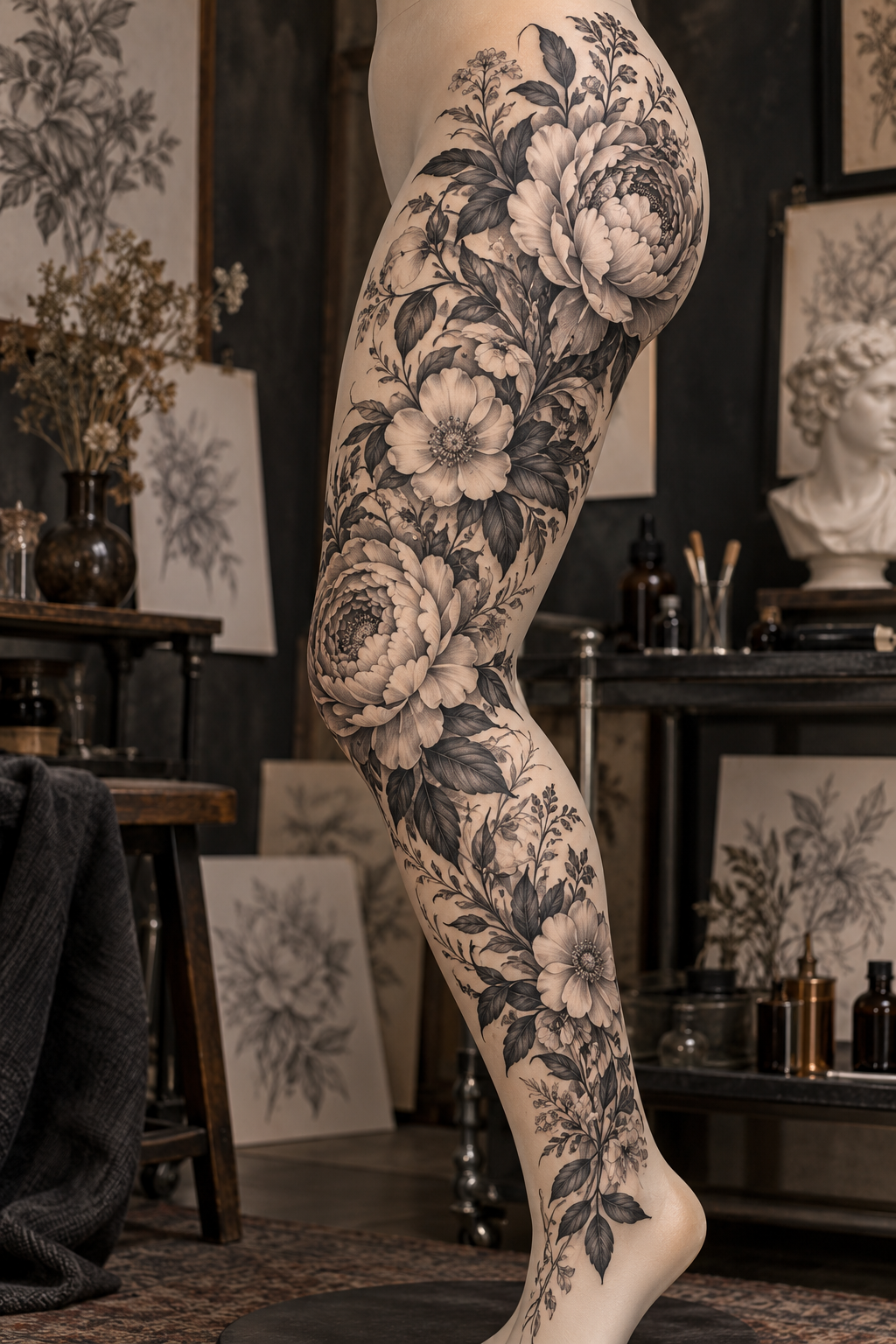 Floral thigh cover-up tattoo cover-up idea