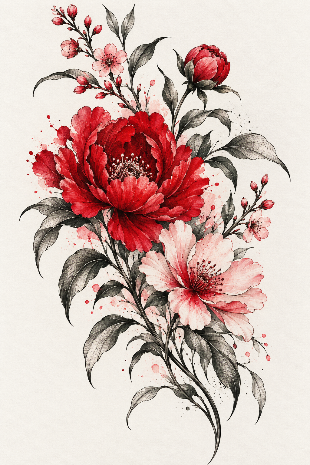 Red and pink flowers tattoo cover-up idea