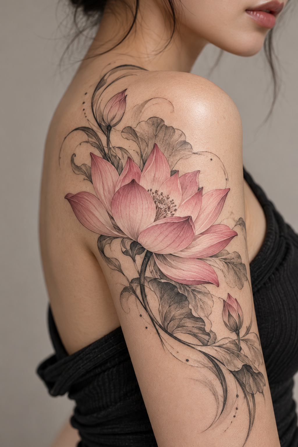 Pink lotus shoulder piece tattoo cover-up idea