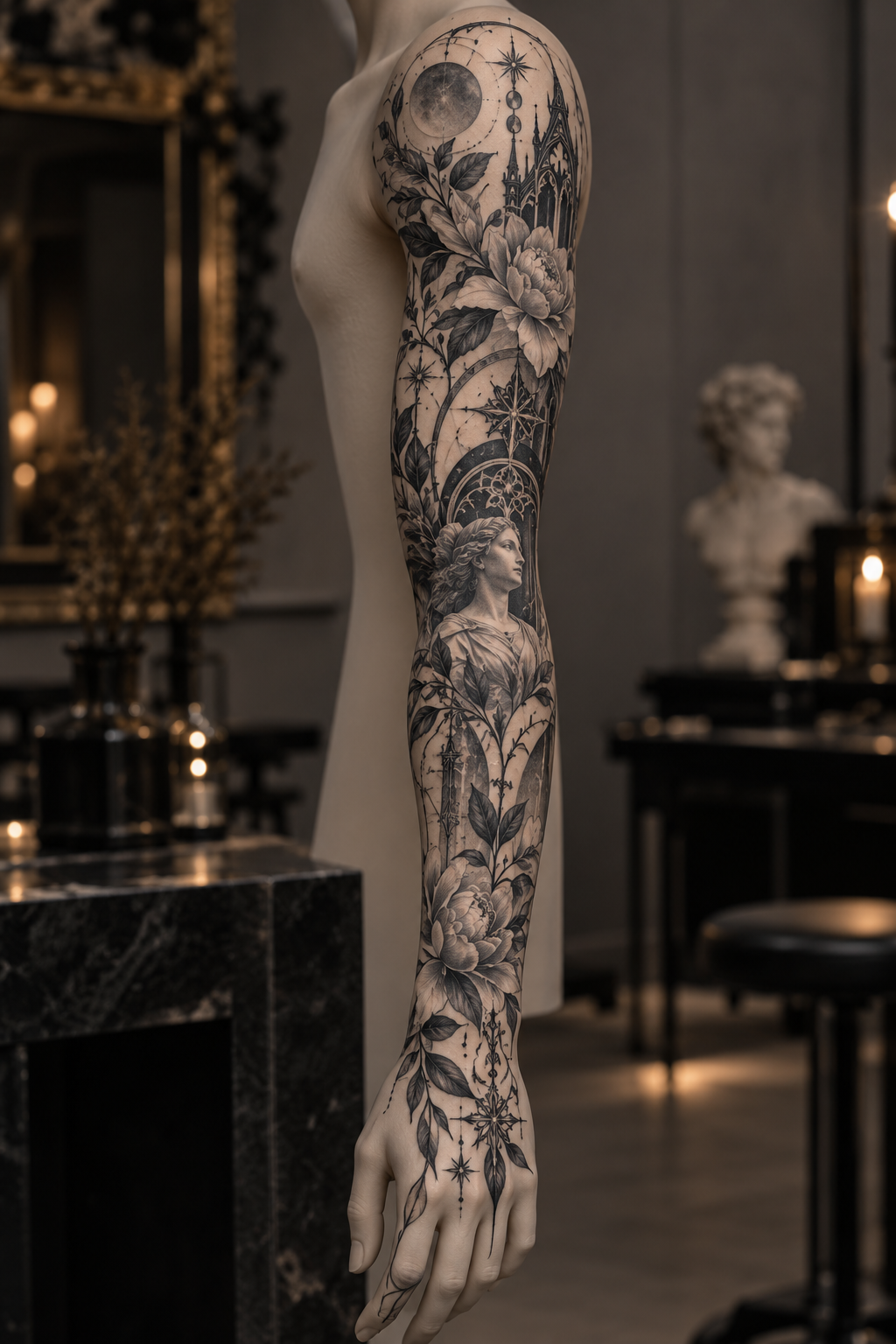 Full-arm sleeve tattoo cover-up idea
