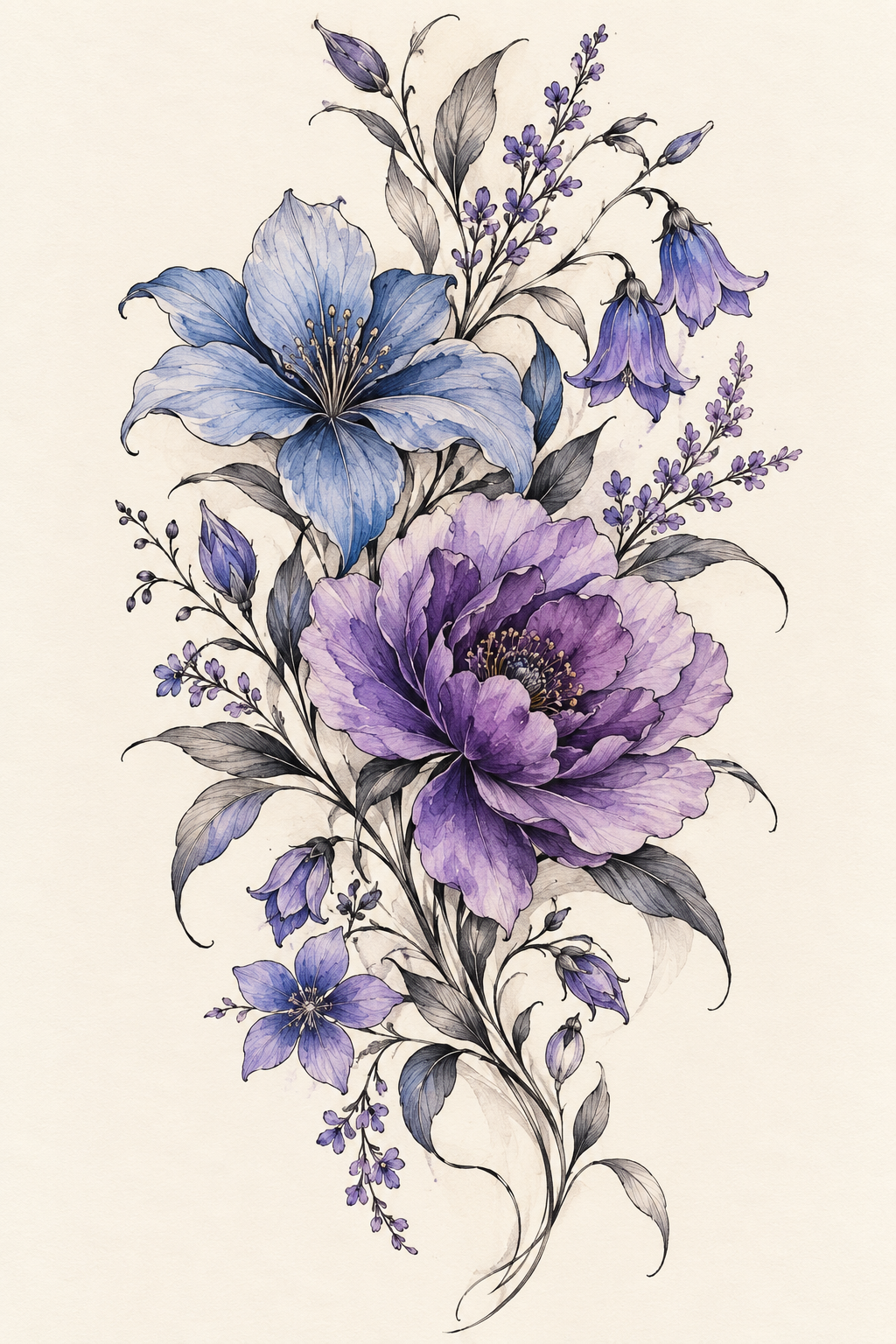 Blue and purple flowers tattoo cover-up idea