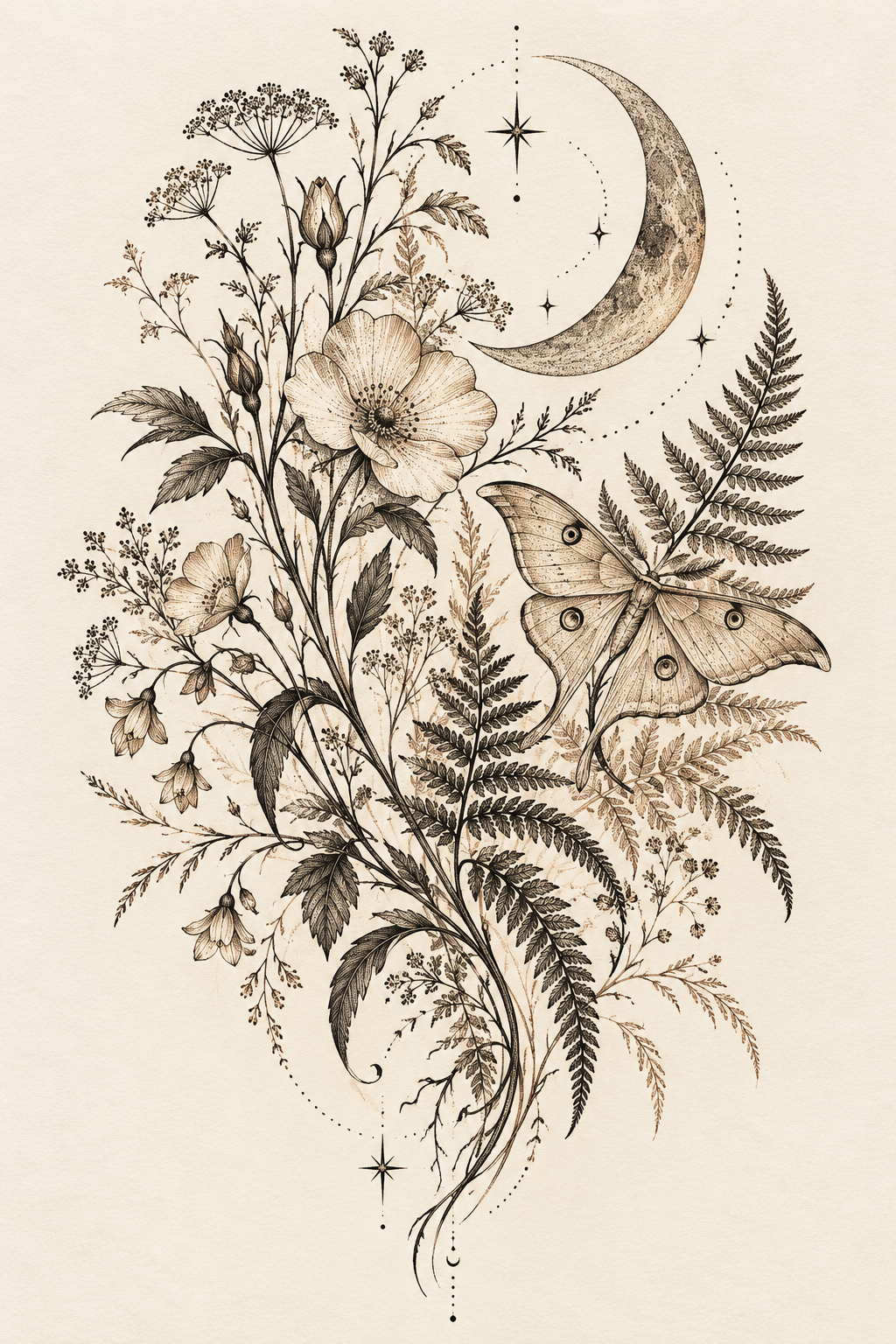 Nature-inspired thigh scene tattoo cover-up idea