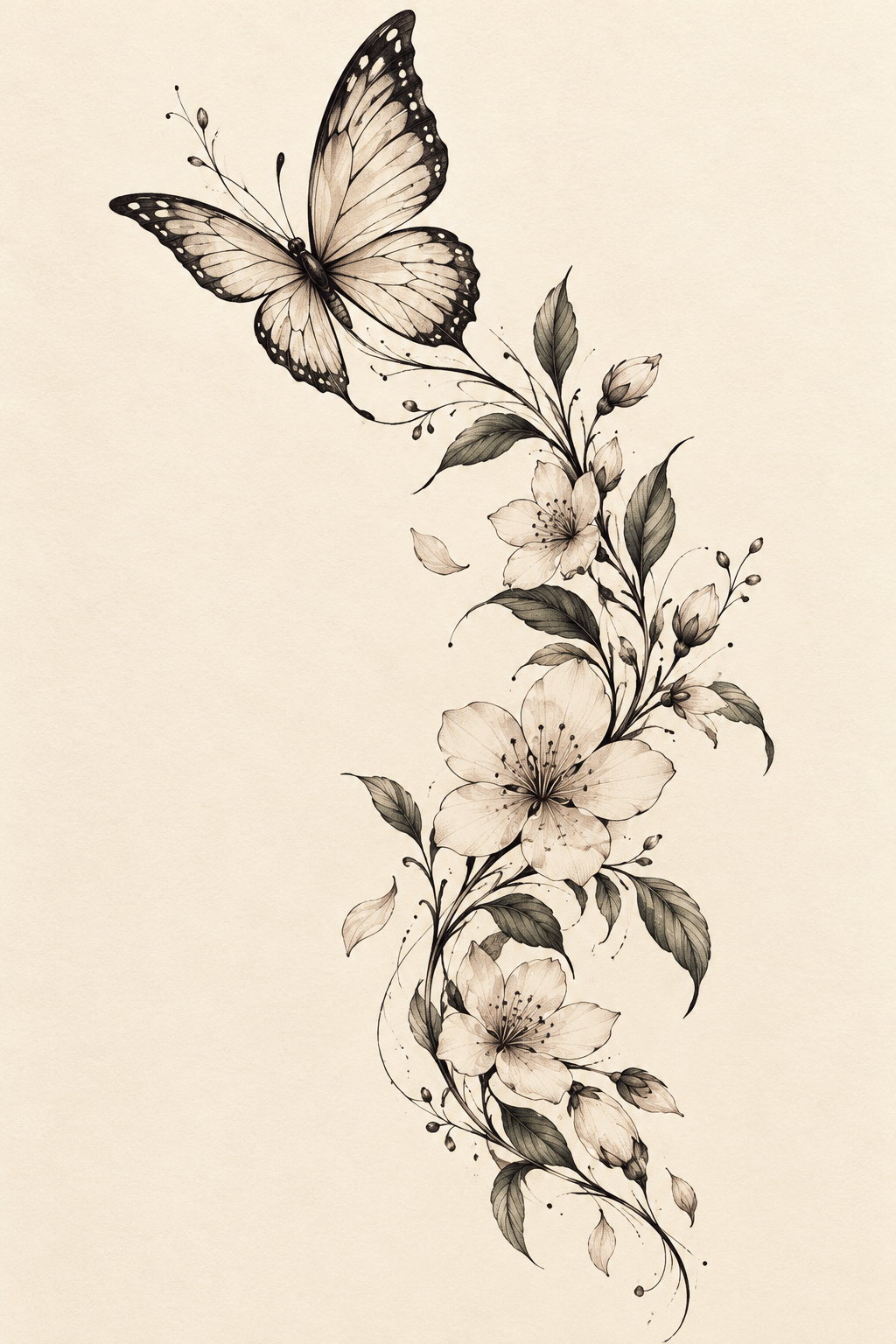 Butterfly and blossom trail tattoo cover-up idea
