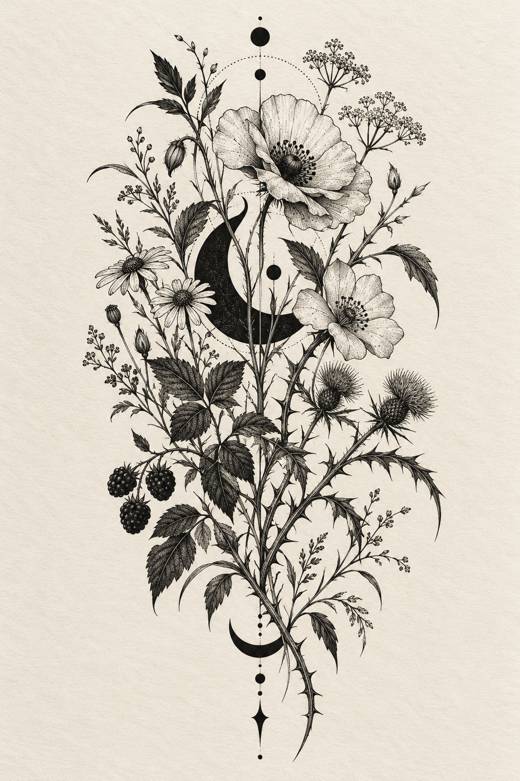 Blackwork botanical panel tattoo cover-up idea