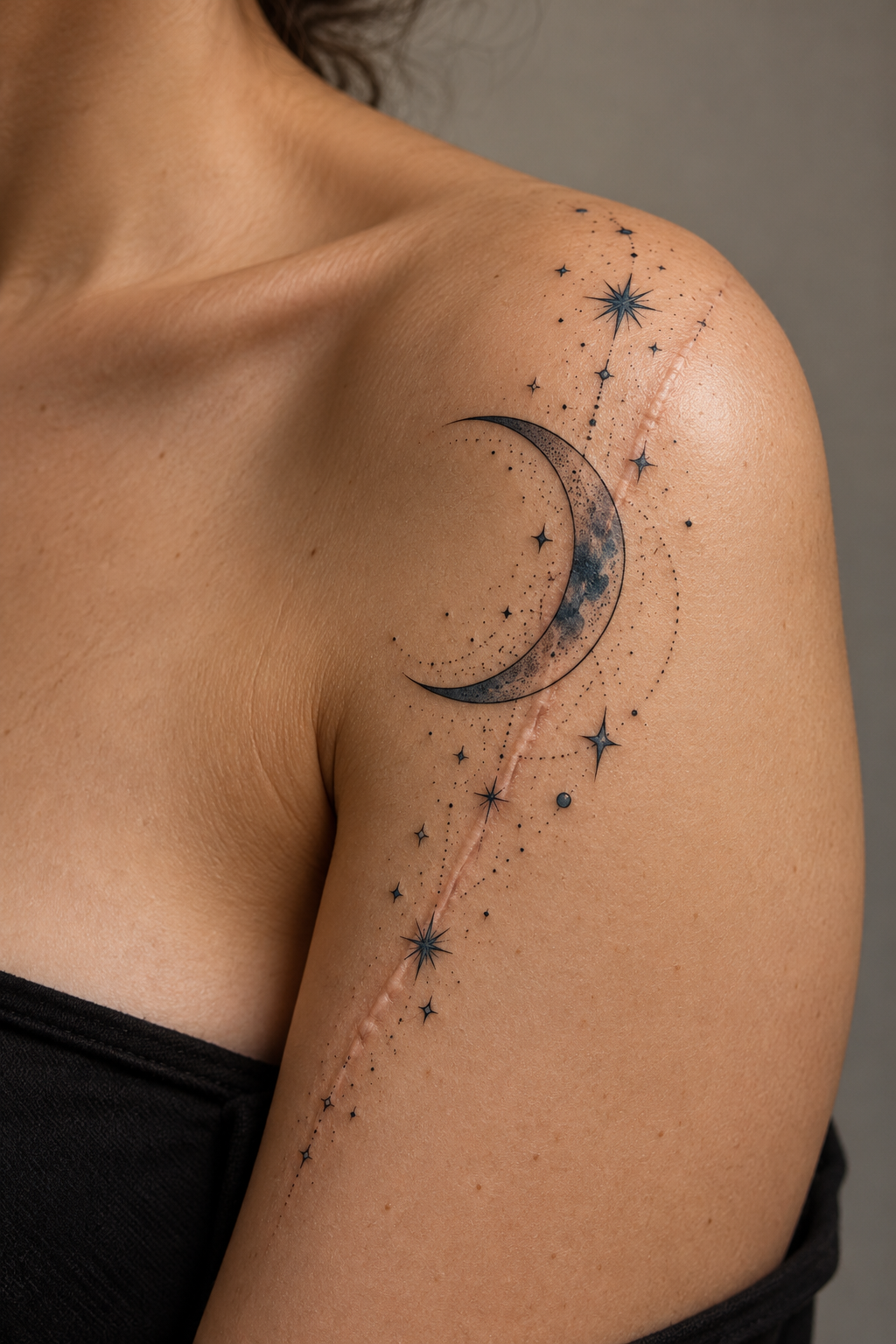 Moon and stars over a scar tattoo cover-up idea