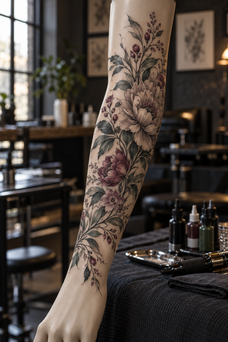 Floral tattoo cover-up idea for scars