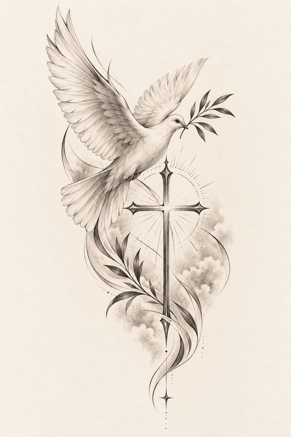 Shoulder placement for a dove and cross fine-line biblical tattoos concept