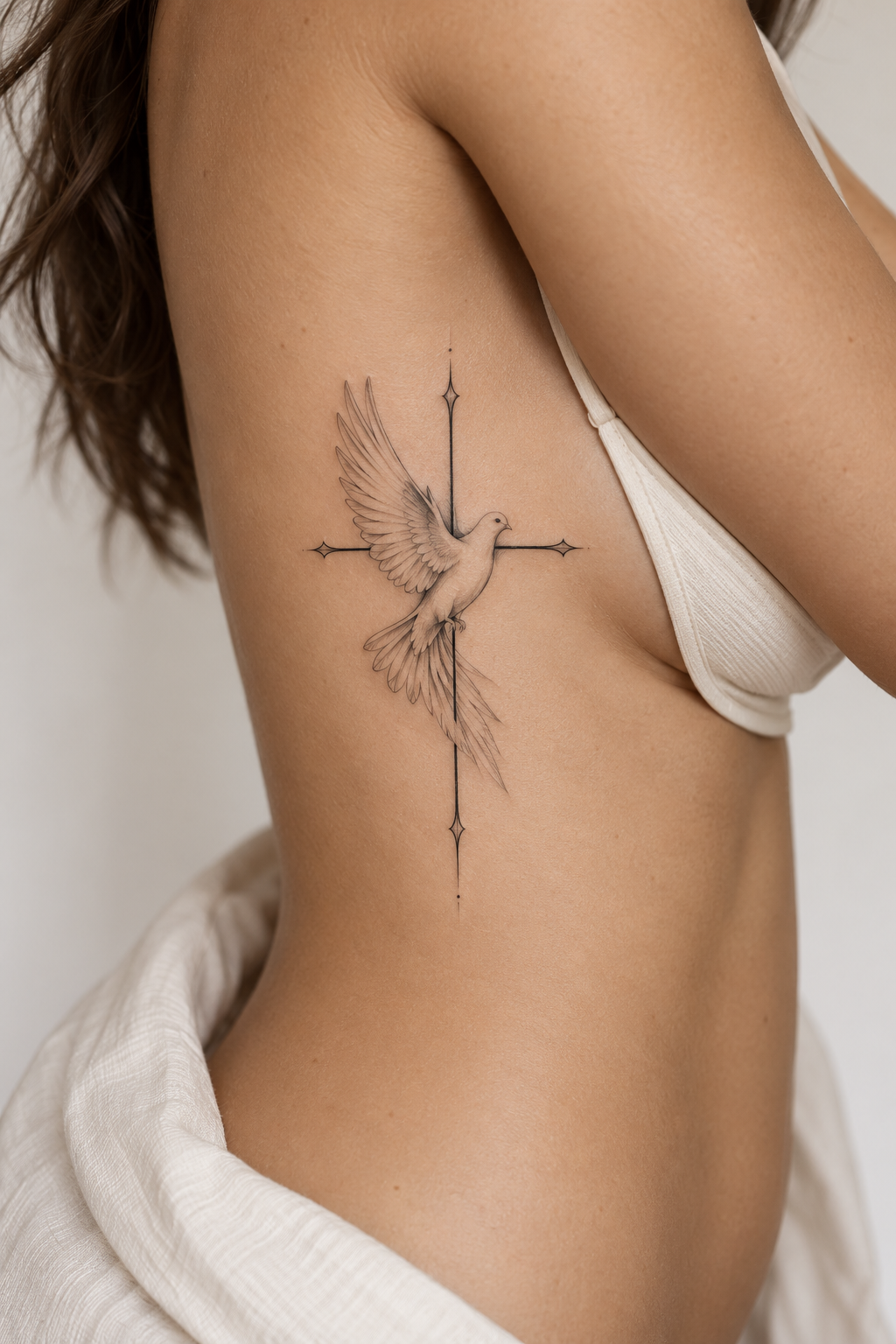 A dove on a cross along the ribs fine-line biblical tattoos concept