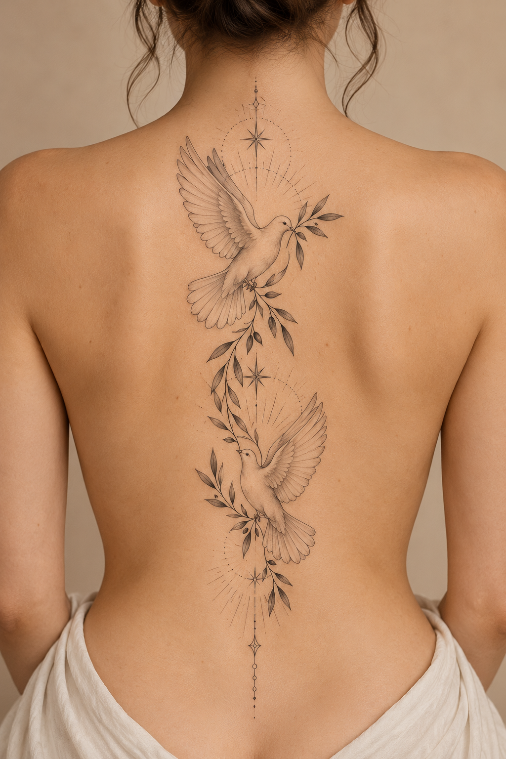 A vertical dove tattoo along the spine fine-line biblical tattoos concept