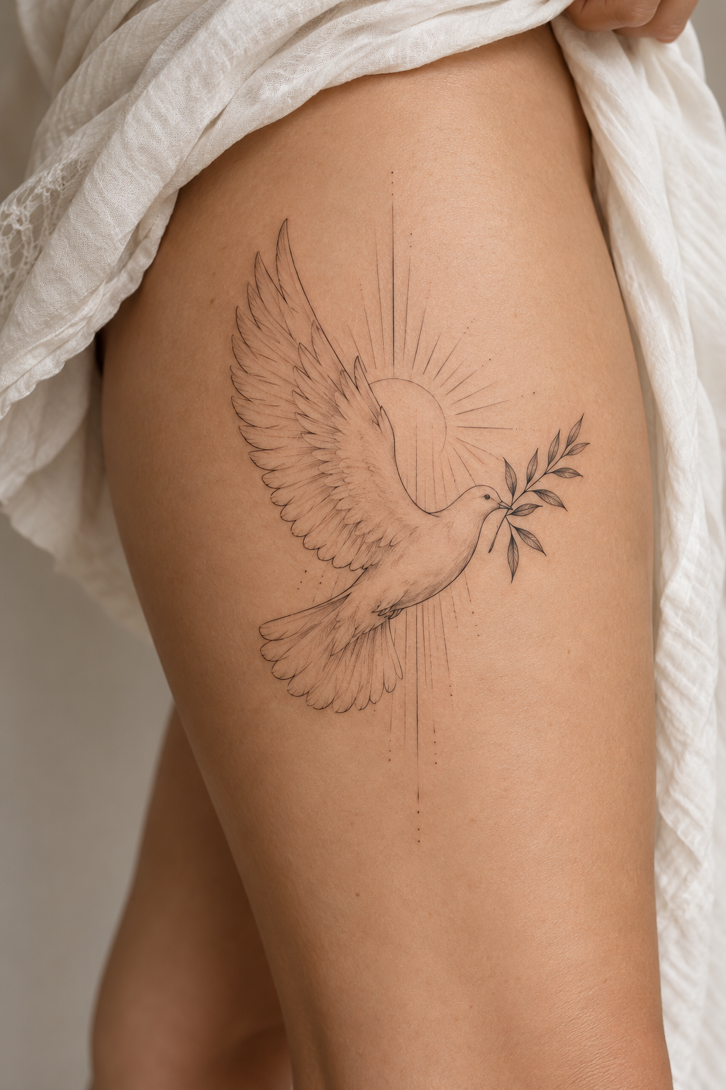 Dove tattoo on the thigh fine-line biblical tattoos concept