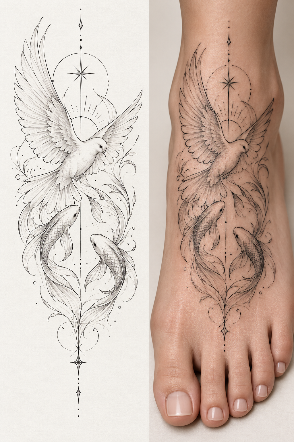 Dove and fish on the top of the foot fine-line biblical tattoos concept