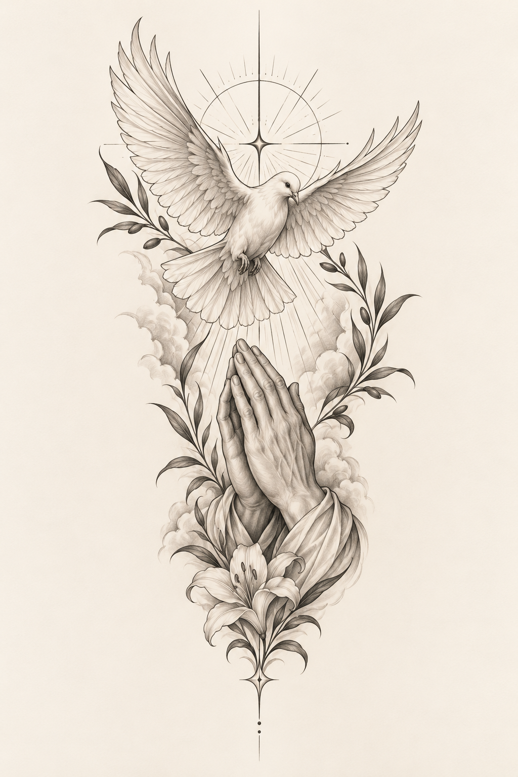 Dove and praying hands on the upper arm fine-line biblical tattoos concept