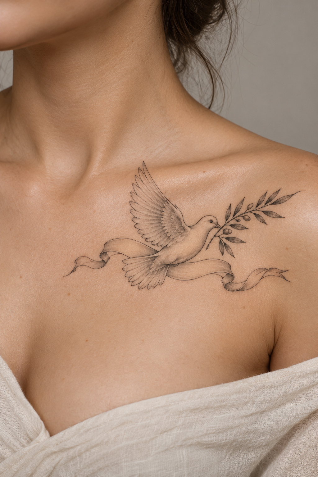 Dove tattoo with psalm banner on the collarbone fine-line biblical tattoos concept