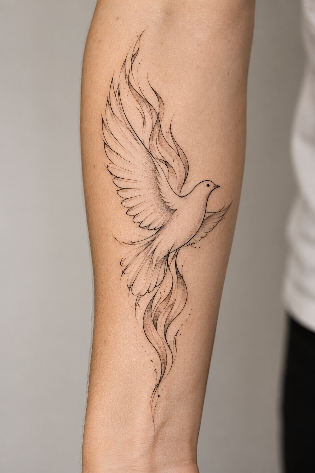Minimalist dove and flame on the forearm fine-line biblical tattoos concept