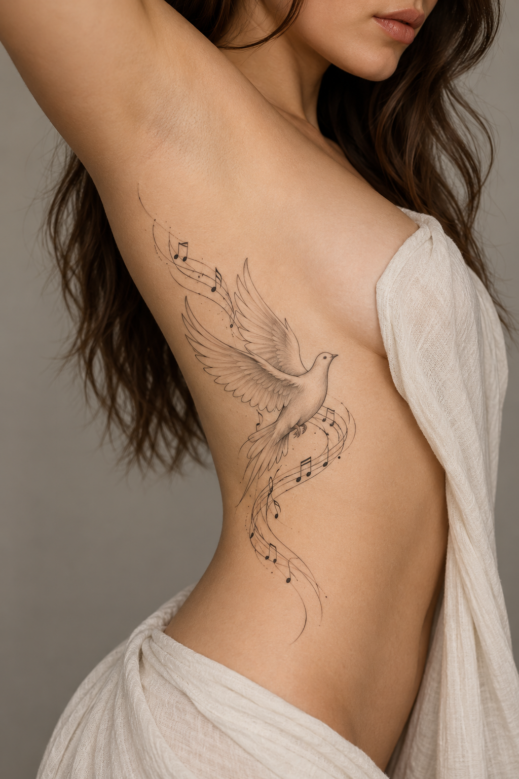 A dove and notes tattoo on the ribs fine-line biblical tattoos concept