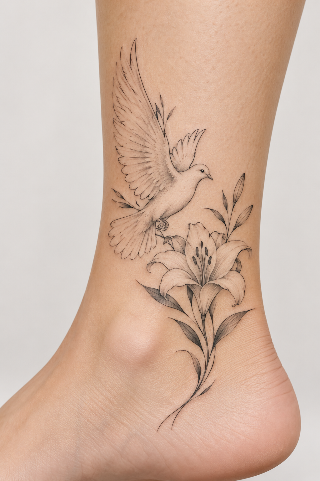 Dove and lily on the ankle fine-line biblical tattoos concept