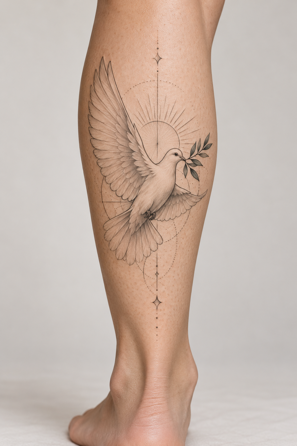 Dove tattoo on the lower leg fine-line biblical tattoos concept