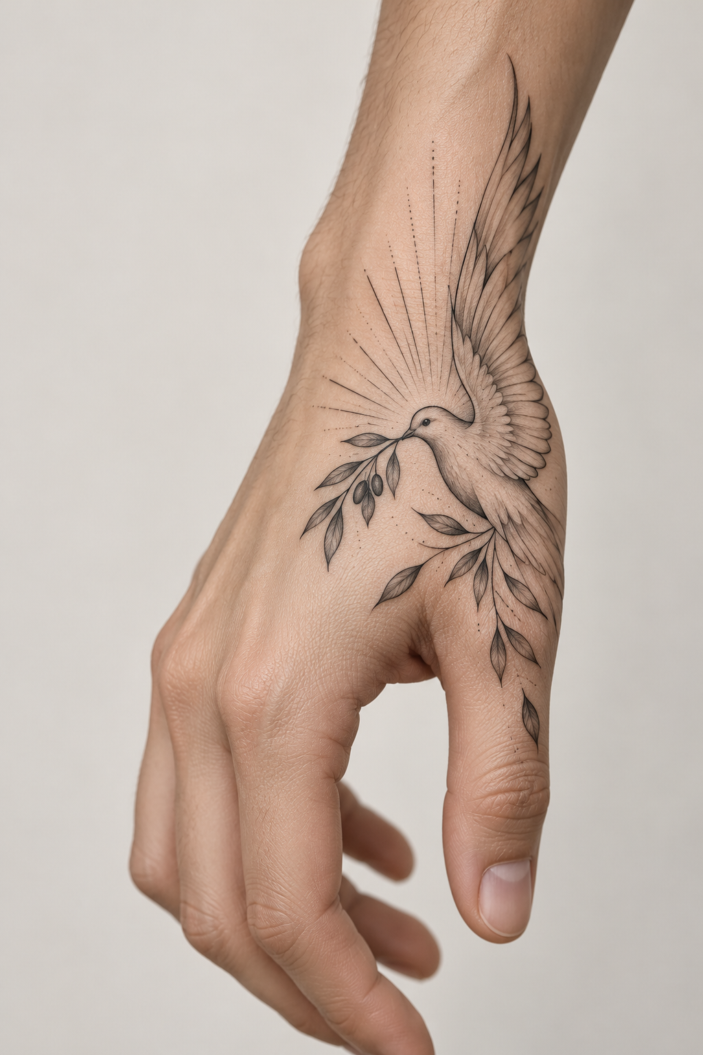 Dove tattoo on the side of the hand fine-line biblical tattoos concept