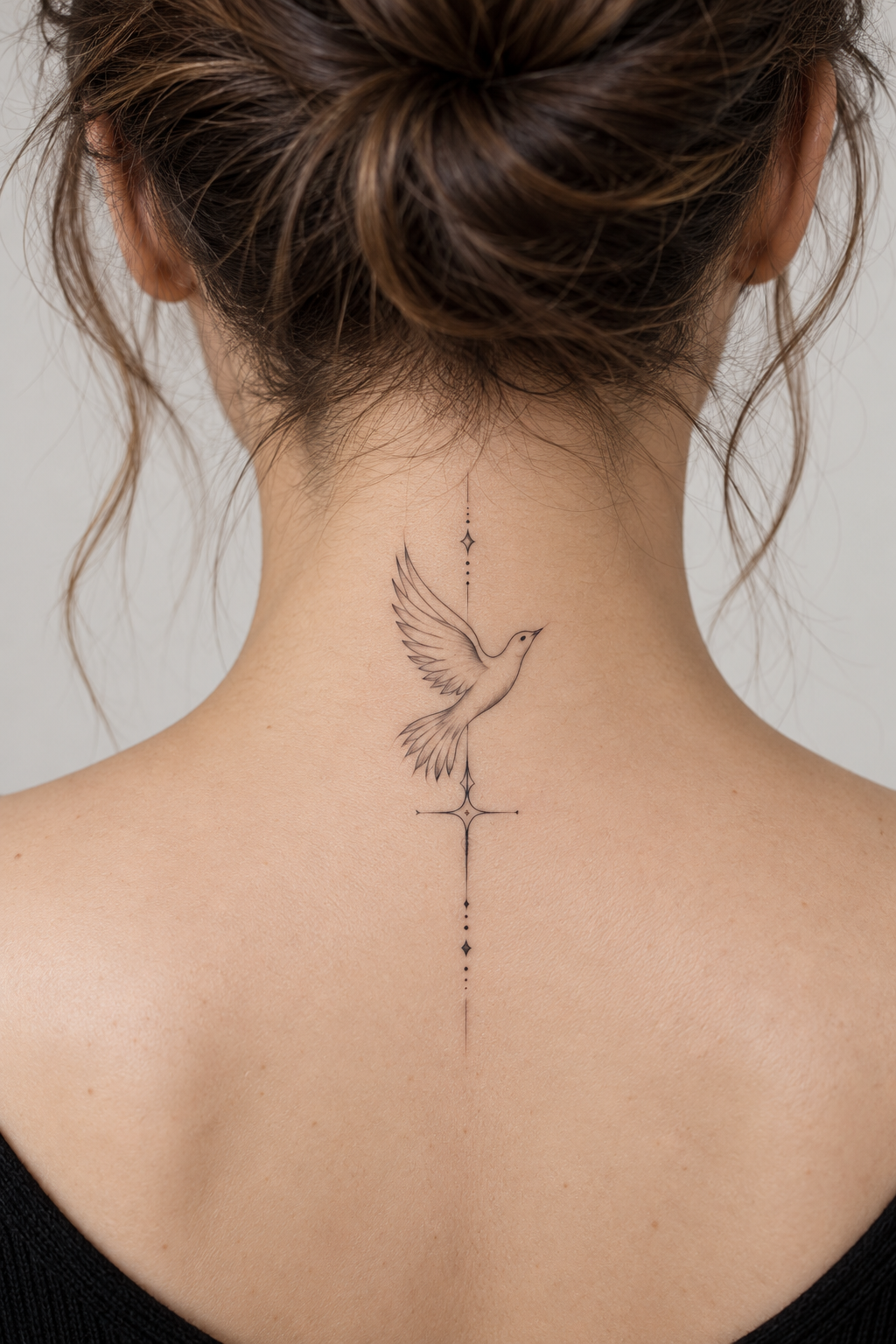 A dove and cross on the nape fine-line biblical tattoos concept