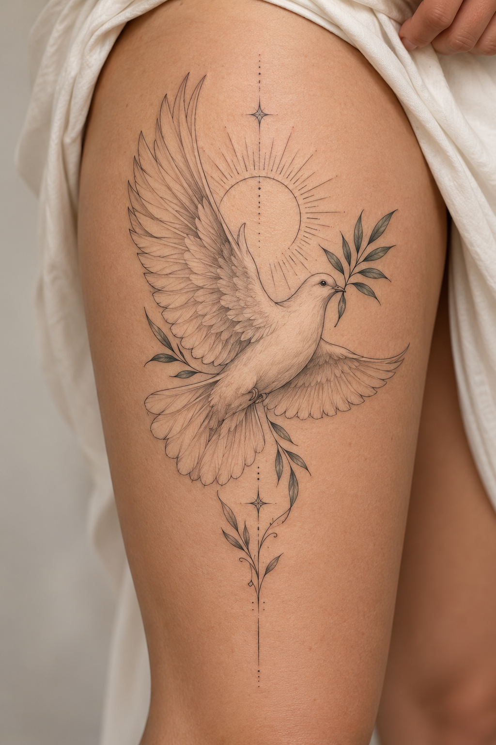 A dove tattoo on the thigh fine-line biblical tattoos concept