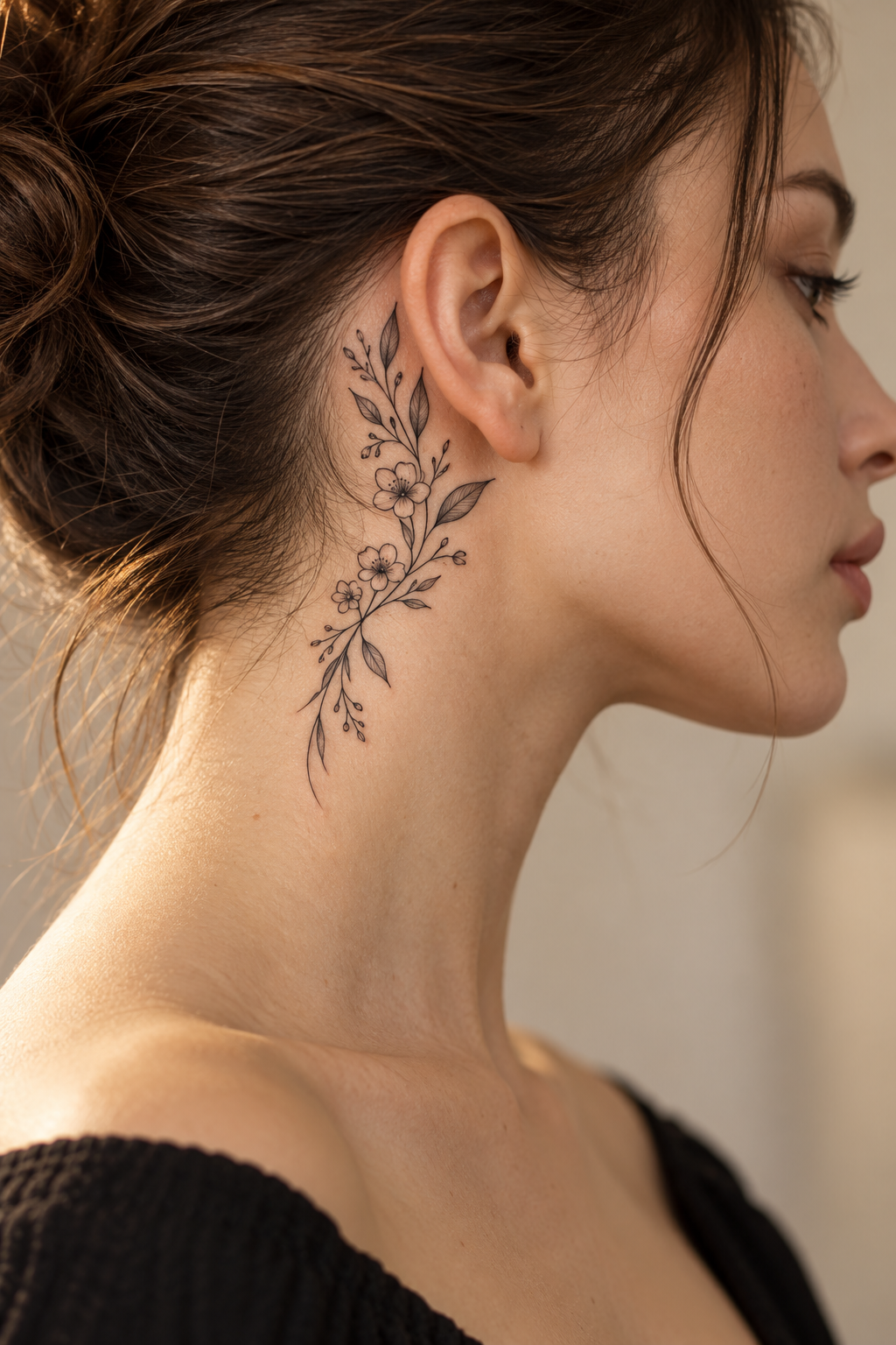 Fine-Line Sprig Behind the Ear meaningful tattoo ideas for women concept