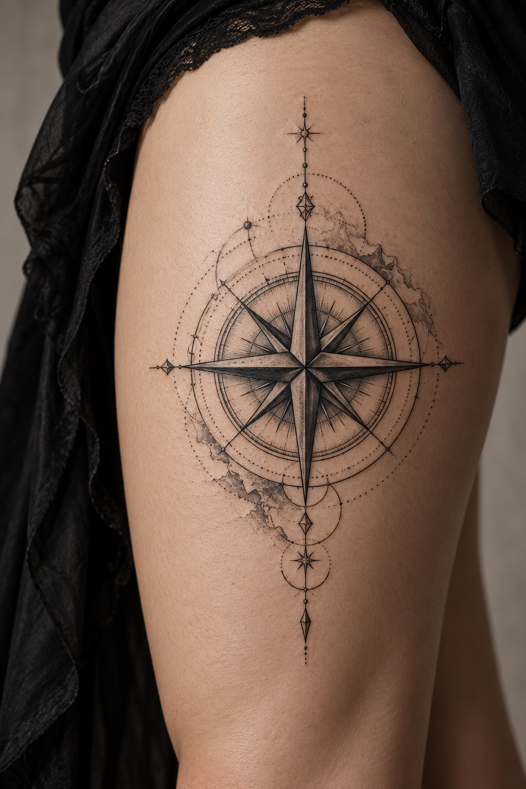 Compass on the Thigh meaningful tattoo ideas for women concept