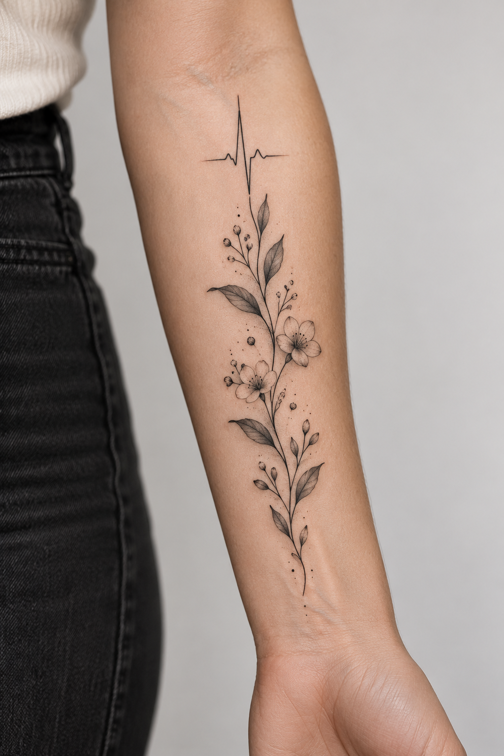 Heartbeat and Sprig Forearm meaningful tattoo ideas for women concept