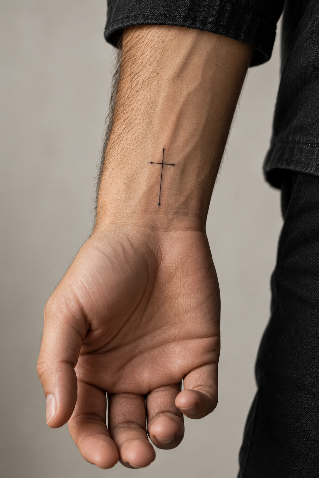 minimal Christian tattoos for men: fine line cross on the inner wrist