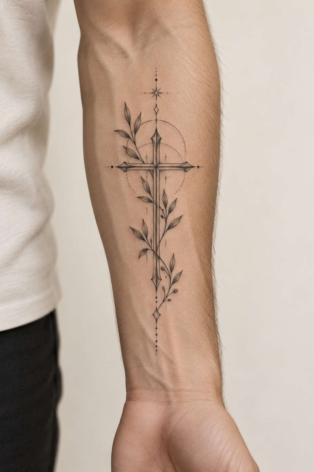minimal Christian tattoos for men: a cross with scripture on the forearm