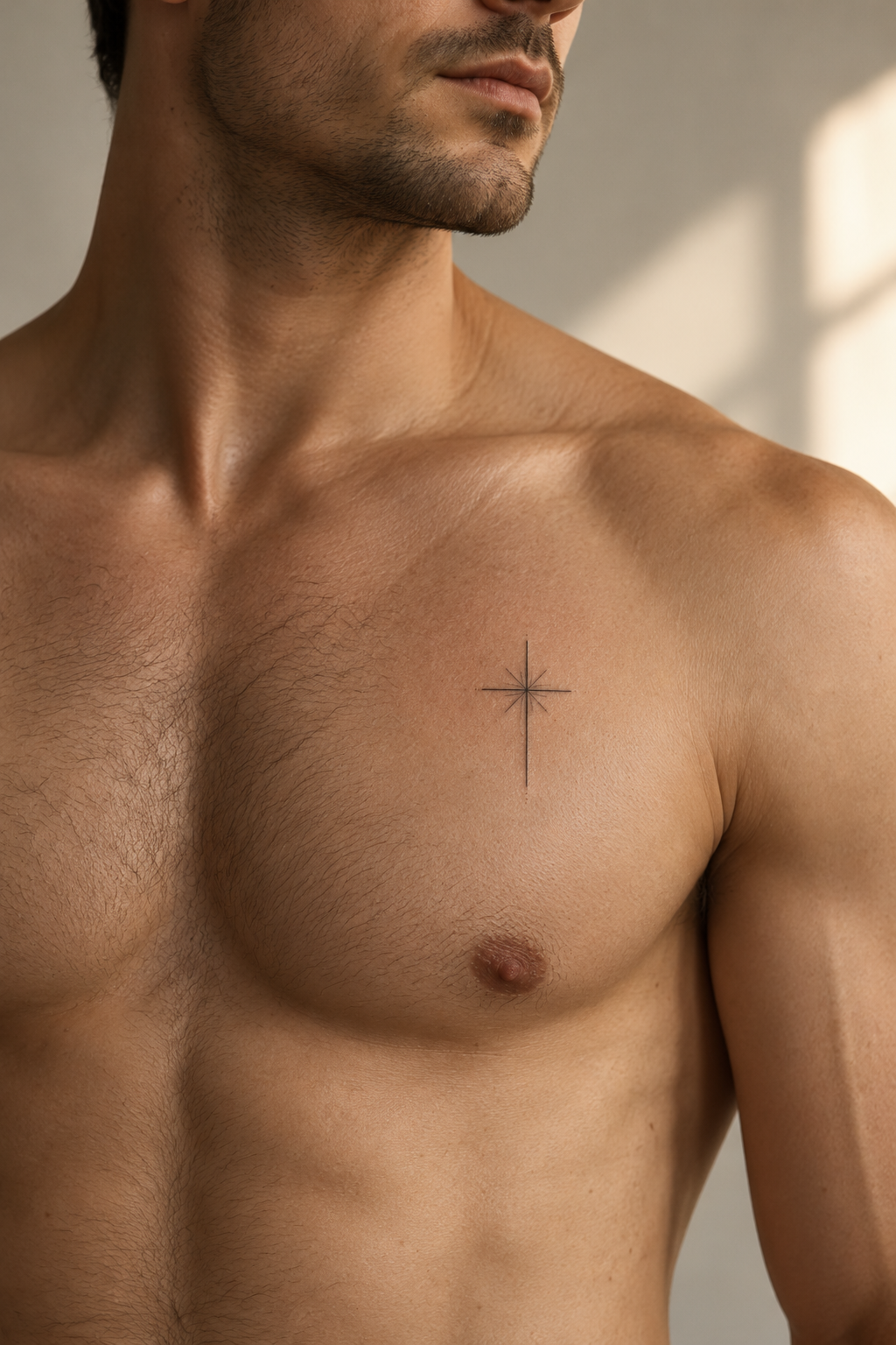minimal Christian tattoos for men: small cross with hope on the chest