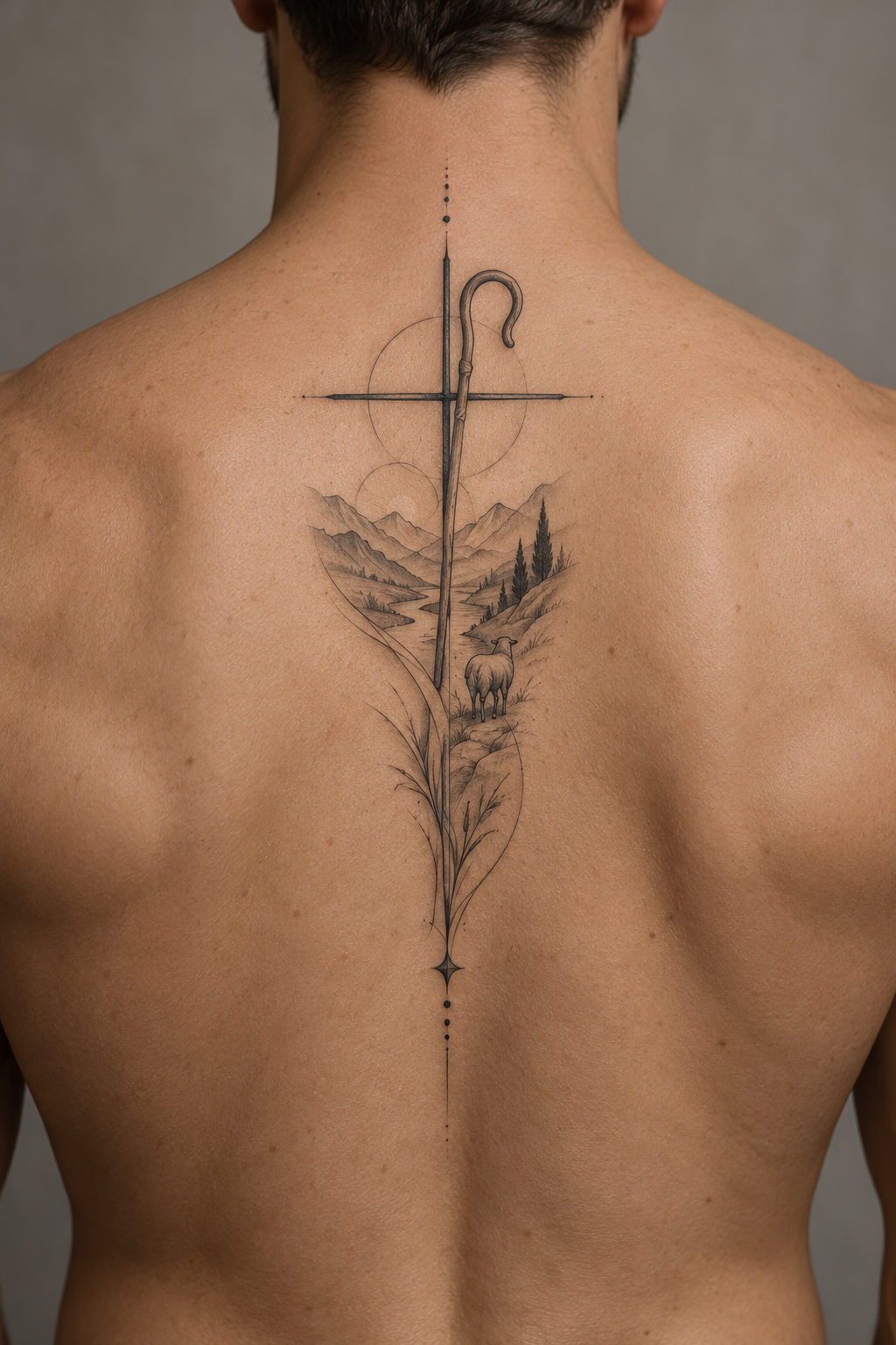 minimal Christian tattoos for men: a cross with psalm 23 runs down the upper back