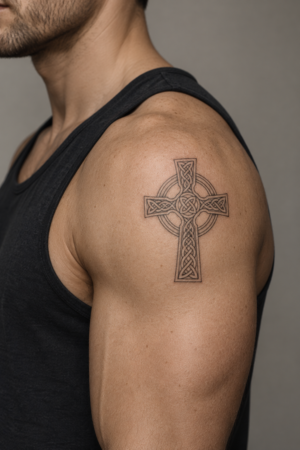 minimal Christian tattoos for men: celtic cross on the shoulder