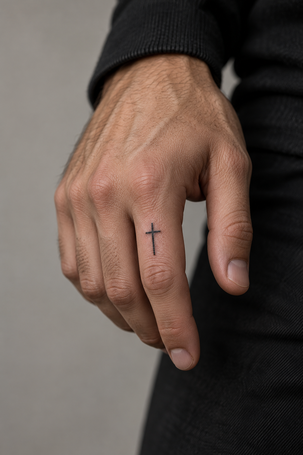 minimal Christian tattoos for men: small cross with scripture on the finger