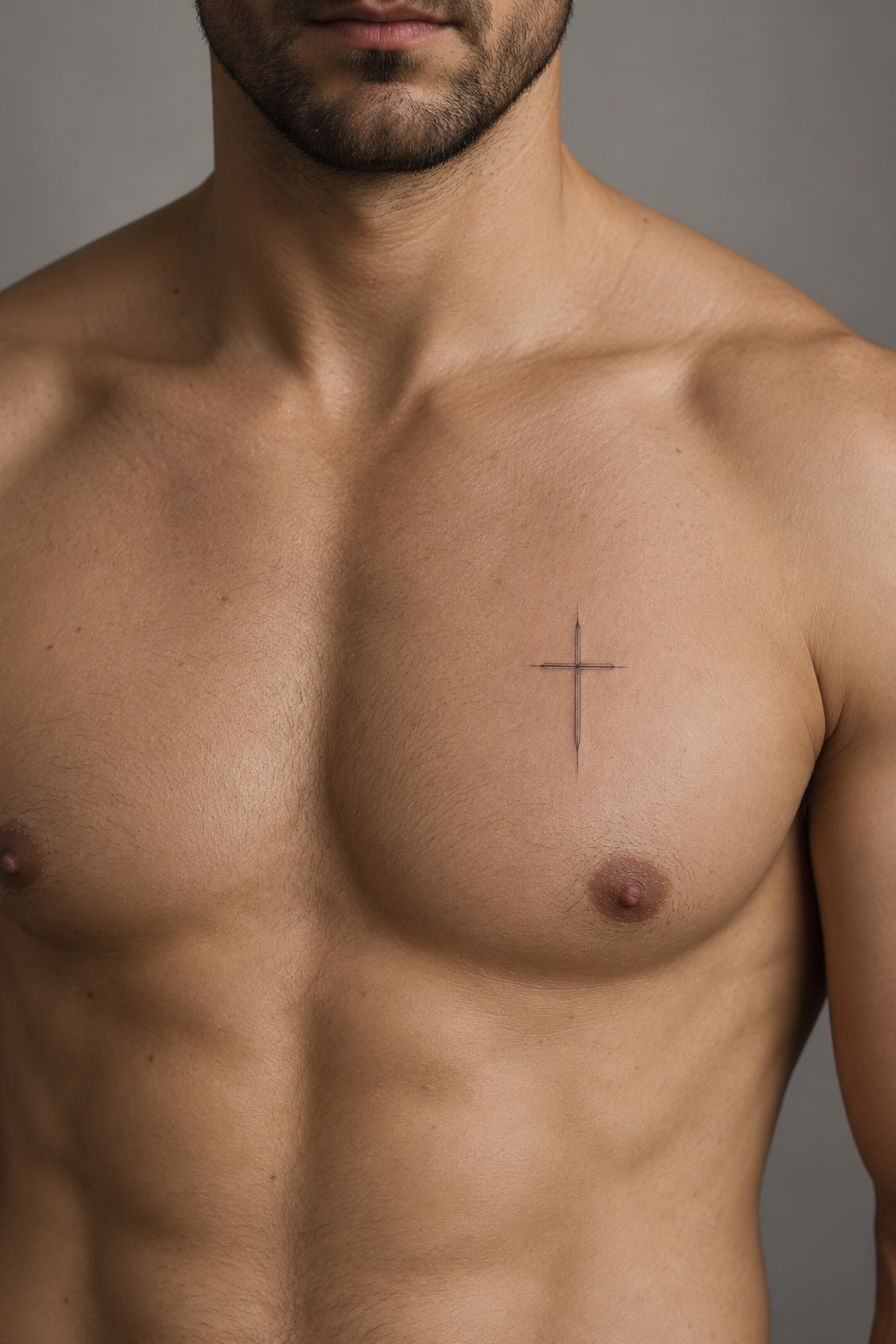 minimal Christian tattoos for men: a small cross with saved on the chest