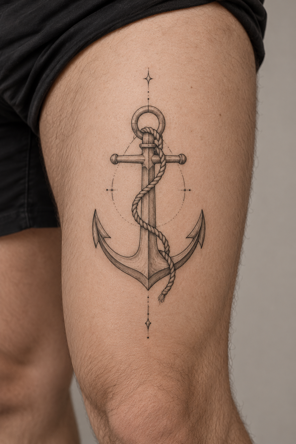 minimal Christian tattoos for men: anchor with verse on the thigh