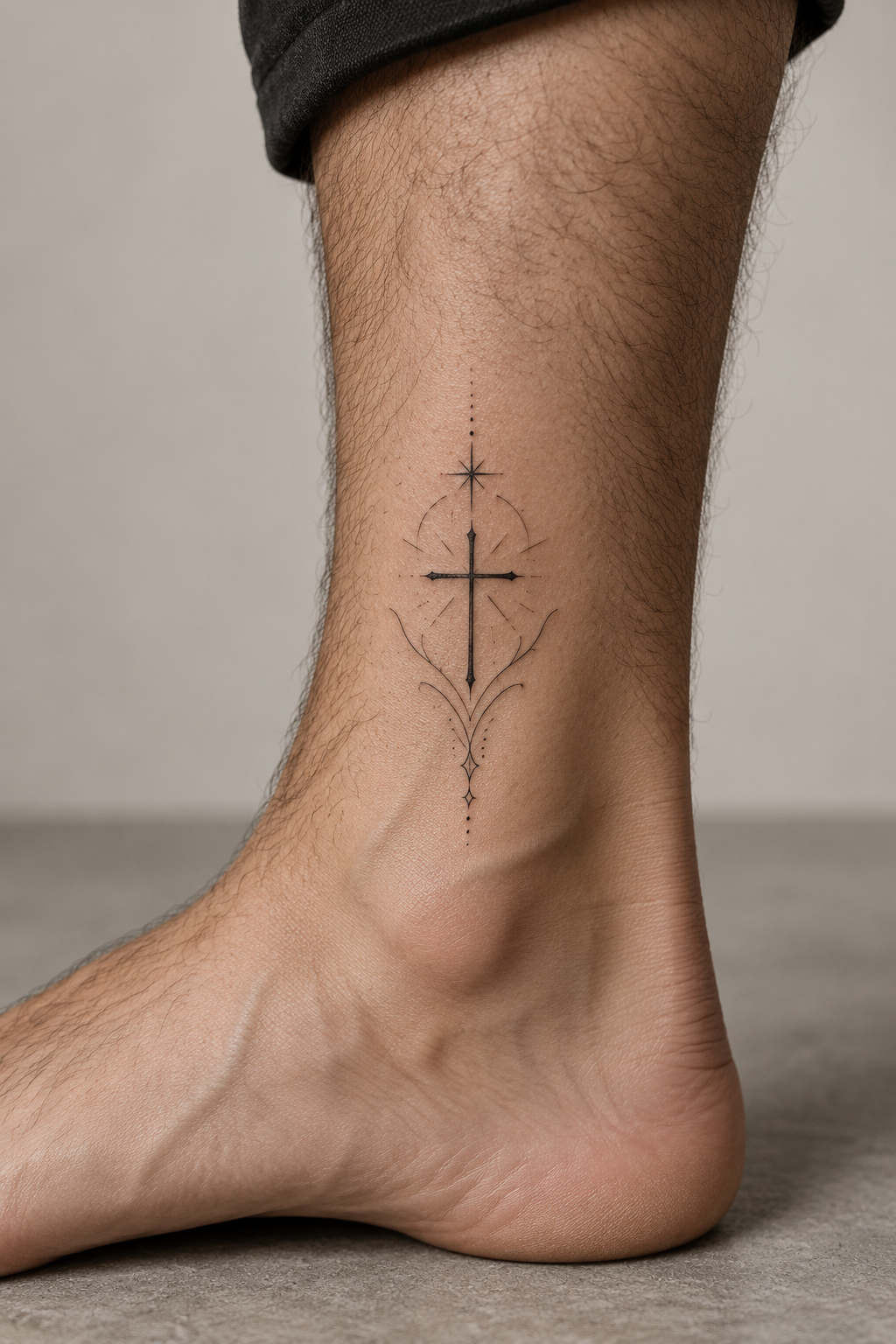 minimal Christian tattoos for men: small cross with psalm text on the ankle
