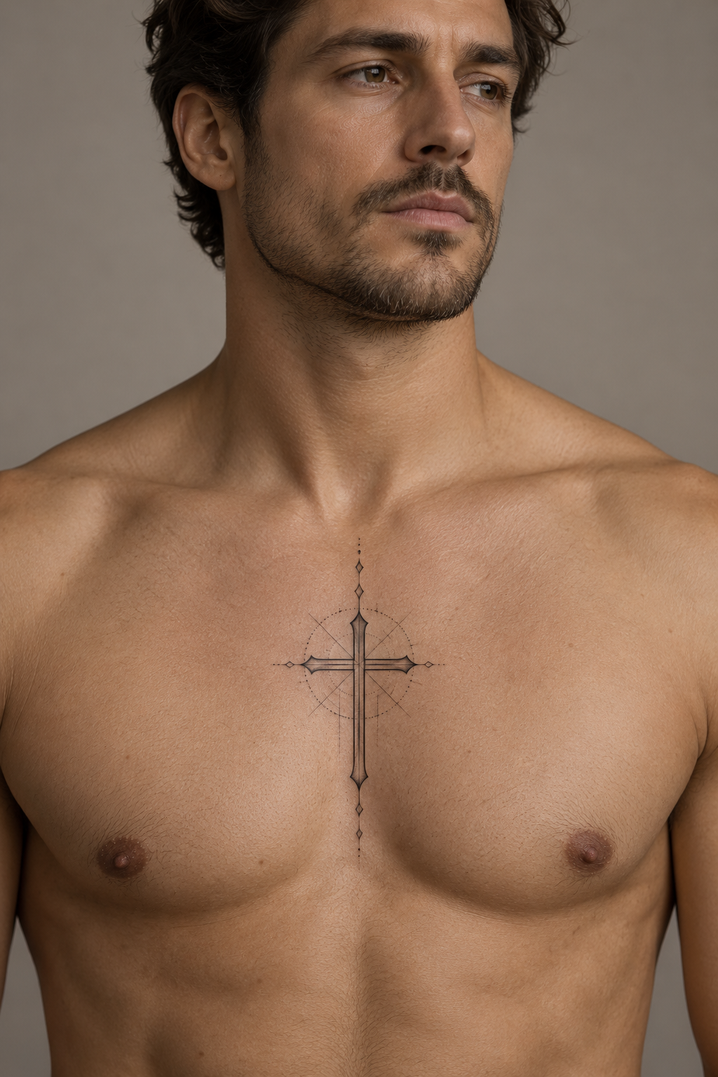 minimal Christian tattoos for men: cross with trust on the chest