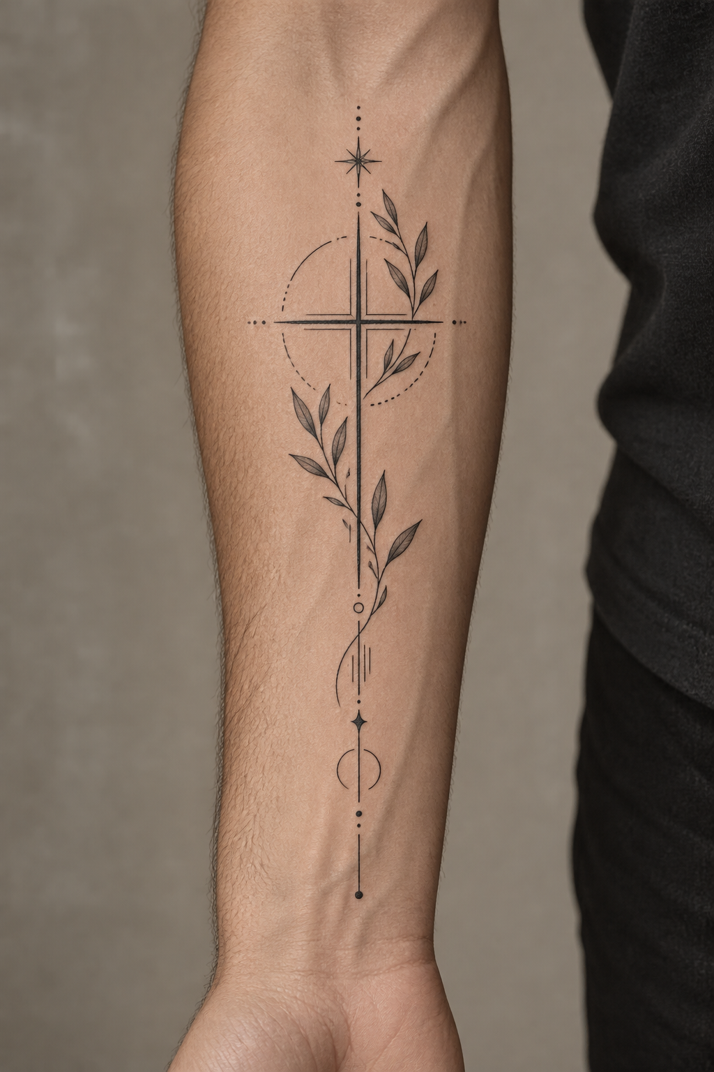 minimal Christian tattoos for men: vertical scripture and cross on the inner forearm