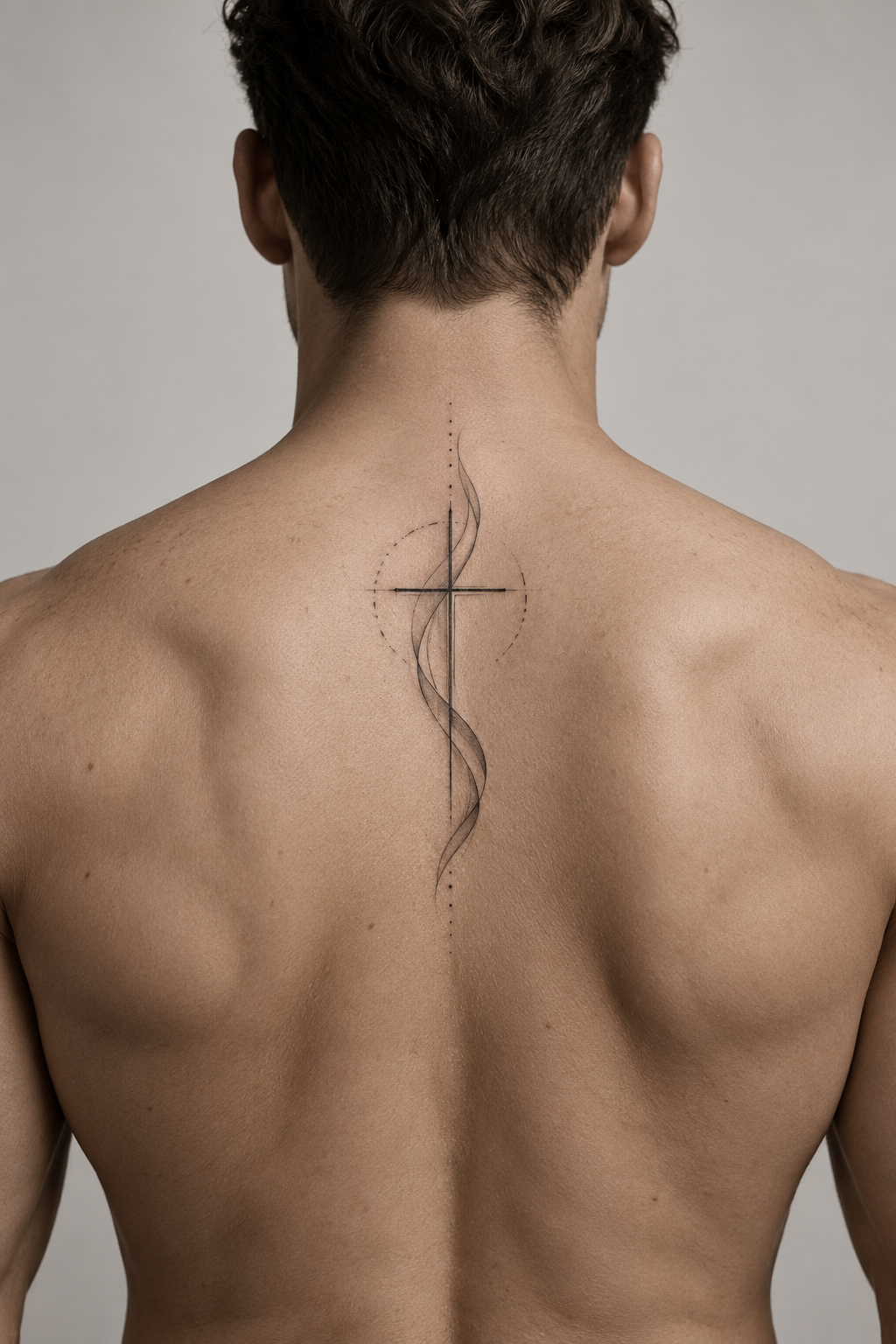 minimal Christian tattoos for men: grace tattoo with cross on the upper back