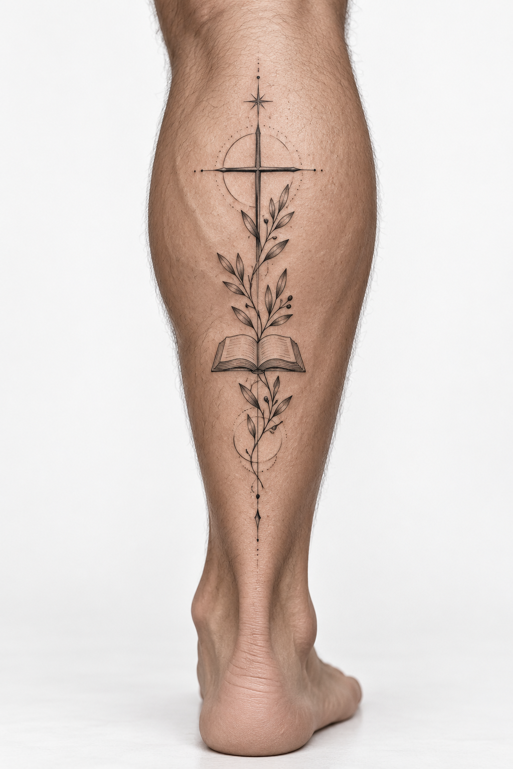 minimal Christian tattoos for men: cross and verse on the calf
