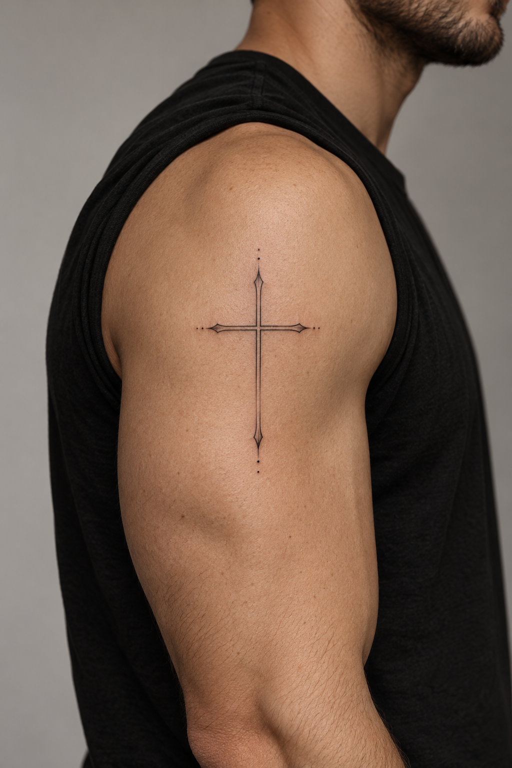 minimal Christian tattoos for men: fine line cross on the upper arm