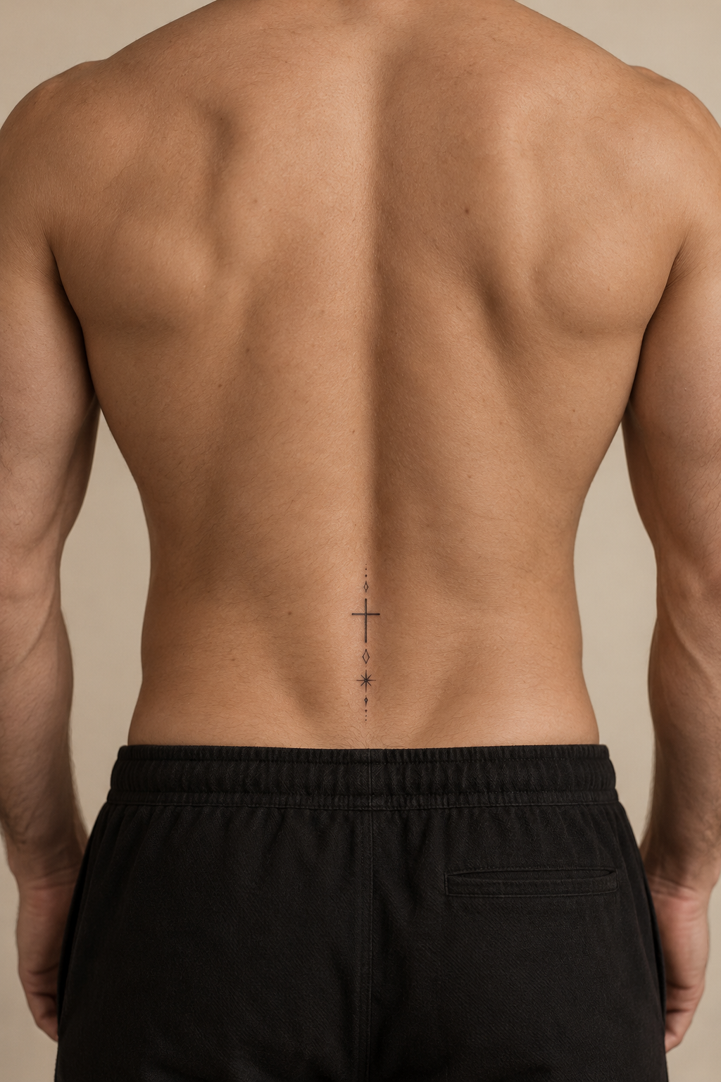 minimal Christian tattoos for men: small cross and scripture on the lower back
