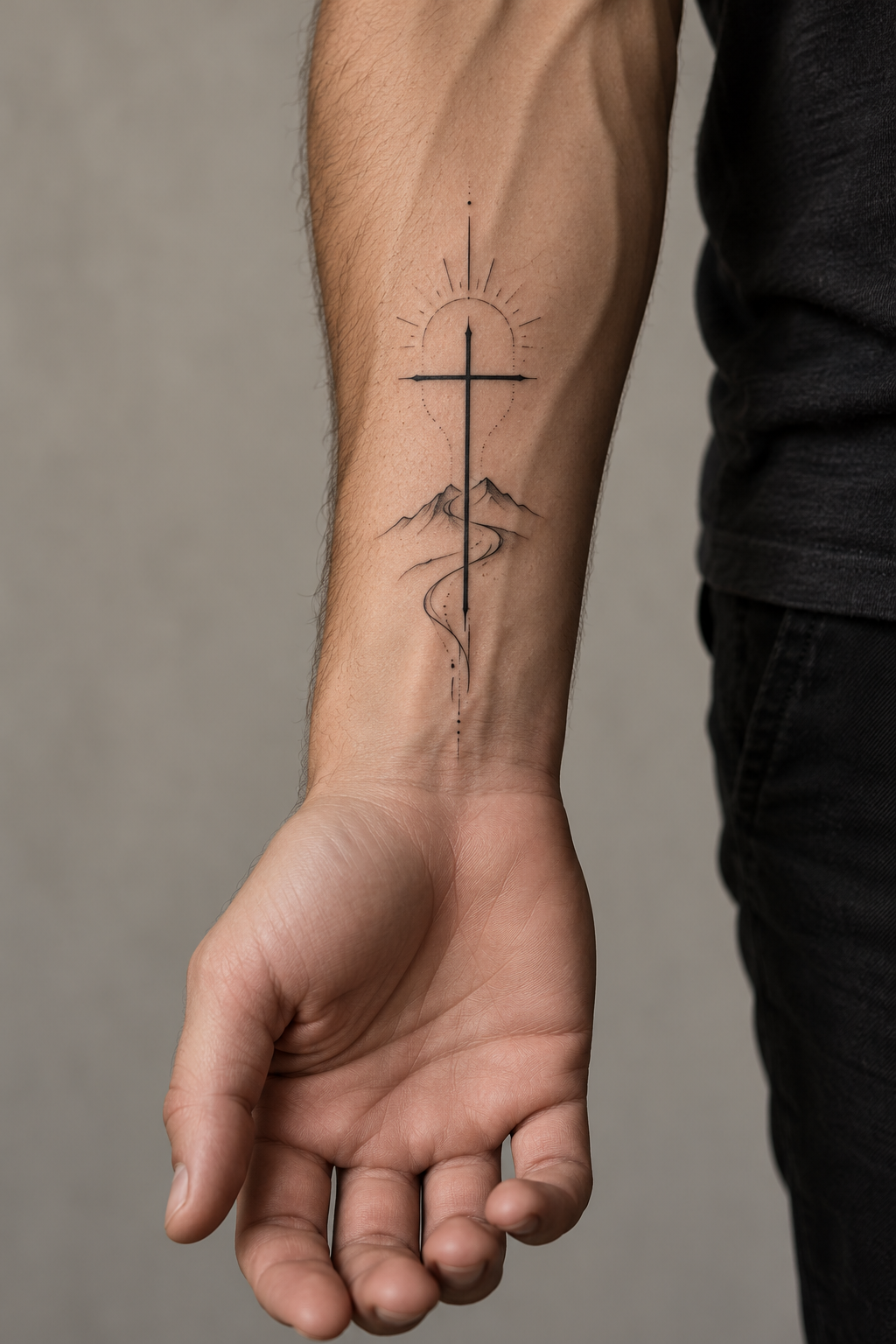 minimal Christian tattoos for men: cross and verse on the inner wrist