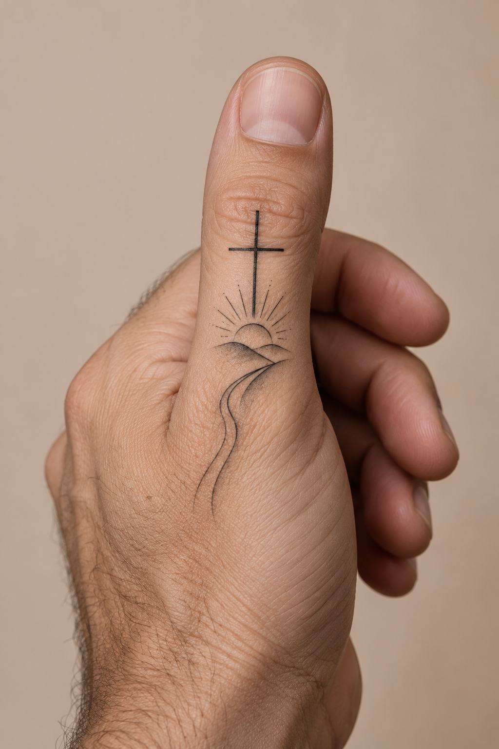 minimal Christian tattoos for men: cross and hope on the side of the thumb