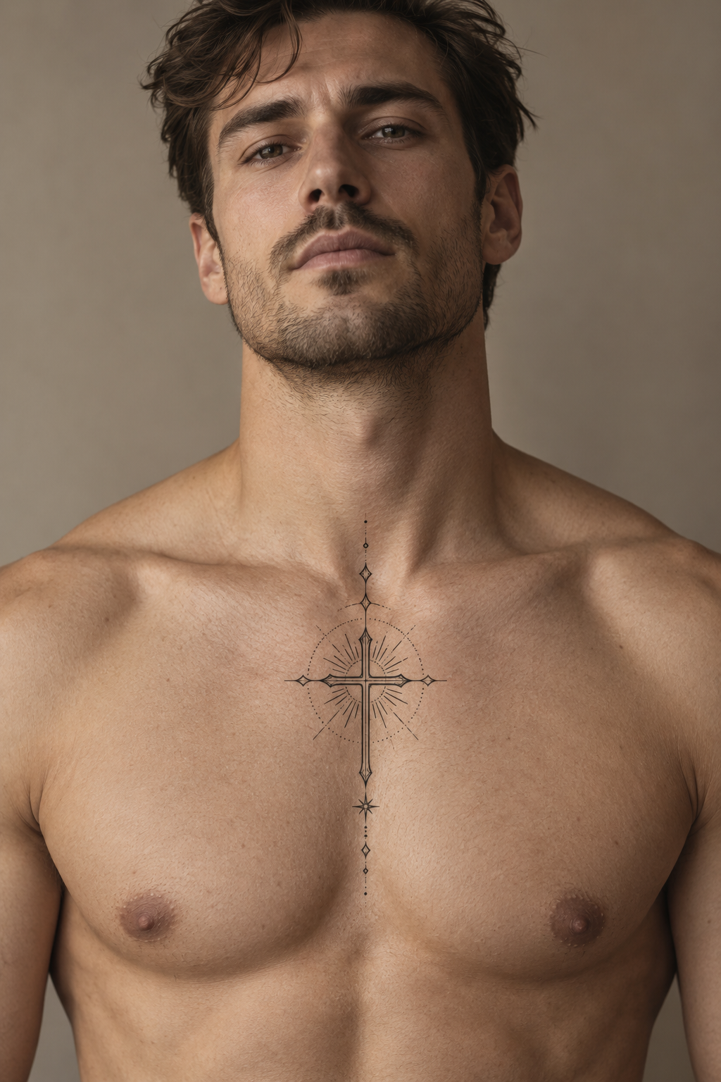 minimal Christian tattoos for men: cross and text on the upper chest