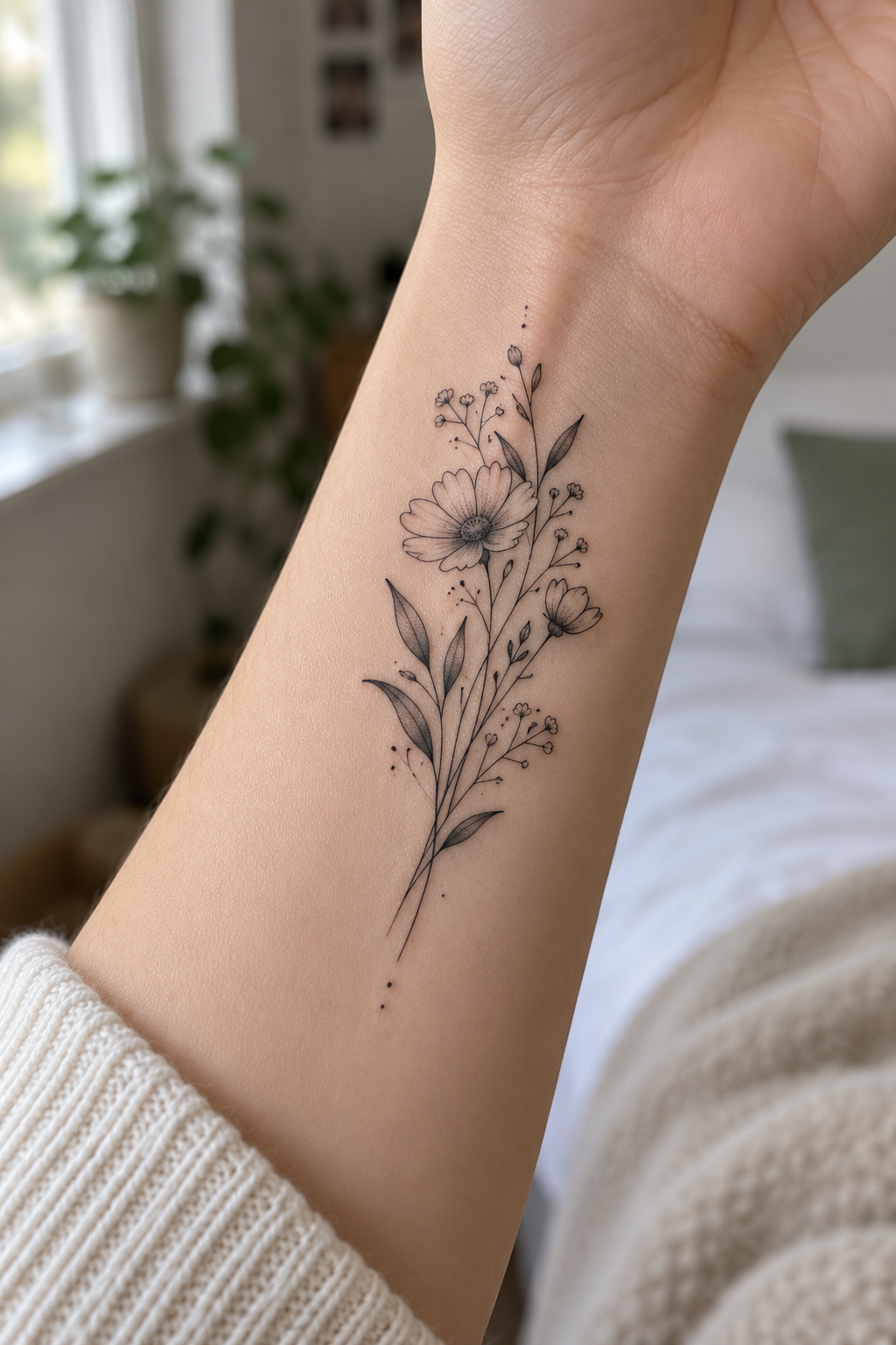 A bouquet on the inner forearm minimalist flower tattoo idea